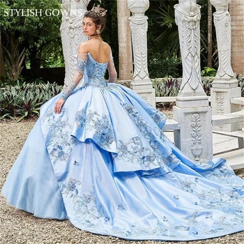 16 שמיים כחולים את הכתף הנסיכה הטקס שמלות שמלת נשף לנערות חרוז אפליקציות שמלות Vestidos דה-15 Anos