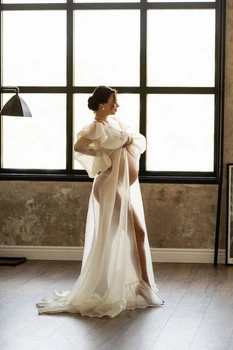 18051#אלגנטי לבן אורגנזה טול קפלים קולר שמלת היריון עבור פוטושוט חריץ שולי מתכוונן חגורה לידה שמלת