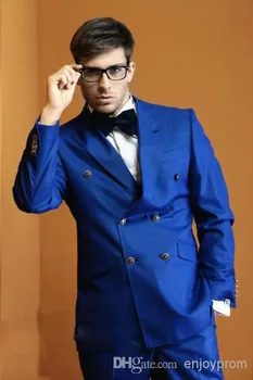 2020 גברים השמלה Slim Fit חליפות חתן טוקסידו כחול רויאל כפול עם חזה שושבין לנשף טוקסידו לגברים חליפות חתונה עם מכנסיים