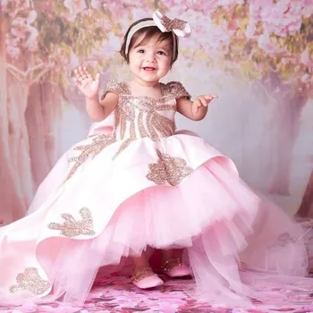2020 פרח ילדה שמלות לחתונות שרוול קצר חרוזים בנות תחרות שמלה באורך רצפת ילדים יום הולדת קודש שמלה