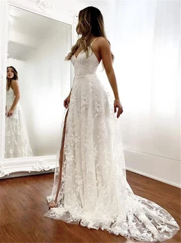 2022 בוהו חתונה תחרה שמלות כלה זמן לטאטא הרכבת צוואר V רצועות ספגטי פיצול צד שמלות כלה Vestido De Noiva