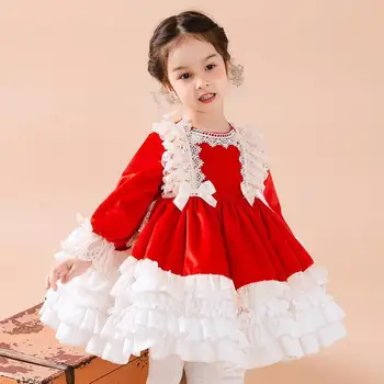 2022 בסגנון ספרדי, שמלה לוליטה עבור בנות ארוך שרוול תחרה קפלים שכבתית שולי שמלות נשף ילדים ילדים מסיבת יום הולדת שמלות