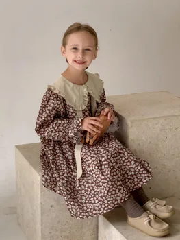 2023 AncoBear ילדה נקבה סתיו שמלה ילדים ילדה וינטג ' פרחוני ברדס עם צוואר שמלות ילדים הנסיכה חופשי שמלות בנות תלבושת
