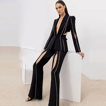 2023 אופנה חלול החוצה חליפות שרשרת יהלומים בלייזר לנשים חליפות שחור תאורה מכנסיים שתי ערכות קטע חרוזים מעיל בגדים