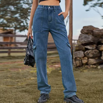 2023 חדש Y2K סגנון ג 'ינס לנשים אופנה רטרו מוצק צבע ג' ינס מזדמנים מכנסיים מזדמנים רב מטען בכיס המכנסיים רחוב רטרו