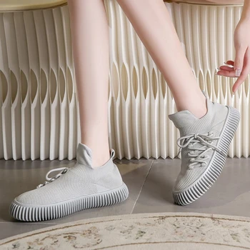 2023 שטוח תחתית עבה תחתונה סרוגה נעלי נשים בוהן עגול עמוק בפה החלקה אביב שרוכים אישית גופר נעליים
