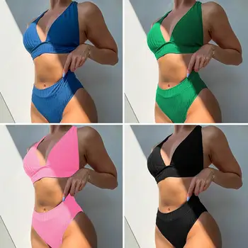 2Pcs/Set צווארון וי עמוק בחזרה התחבושת מוצק צבע מצולעים ביקיני סט נשים פוש-אפ גבוהה המותניים תחתוני בגד ים Beachwear