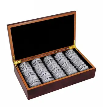 50Pcs מטבעות מחזיק תיק עם עץ תיבת אחסון ההנצחה אוסף אקריליק מטבע עגול כמוסה תצוגת תיבת תיק ארגונית