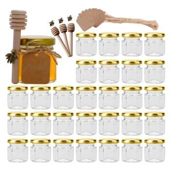 60 חבילת 1.5 עוז מיני זכוכית צנצנת דבש קטנה משושה צנצנות דבש עם עץ הדובה זהב המכסה דבורה קמעות זהב שקיות מתנה