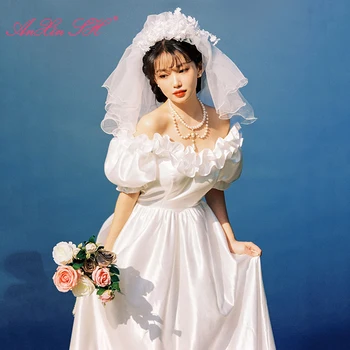 AnXin ש בציר כלה פרח לבן צעיף פרוותי, גזה הראשי שמלת החתונה צילום אביזרים נישואין צרפתית ההצעה תחרה לכלה הינומה נחיתה