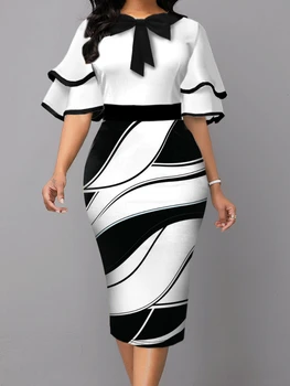 Bodycon להדפיס שמלות לנשים 2023 שחור ולבן לפרוע שרוול Midi גלימות עניבת הפרפר חבילת היפ אלגנטי slim fit סתיו Vestido