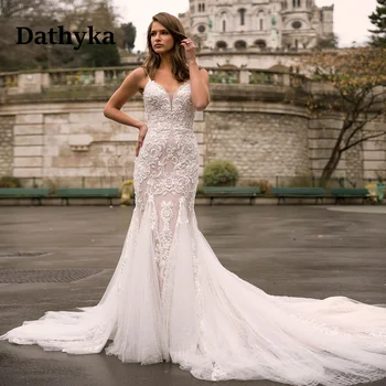 Dathyka יוקרה רשת תחרה חצוצרת שמלות כלה V-צוואר אפליקציות רצועות ספגטי שמלות כלה Abito דה Sposa הלקוח גרם