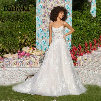 Dathyka קו קלאסי חתונה שמלת כלה חשופת גב אפליקציות סטרפלס טול שרוולים רוכסן חריץ Vestido De Casamento