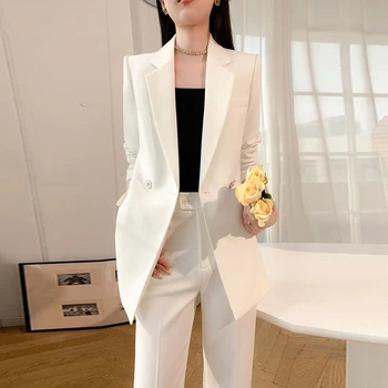 HIGH STREET החדש 2023 אופנה לבנה הקריירה החליפה להגדיר נשים אלגנטי כפולה על כפתור Slim Fit החליפה מעיל רחב הרגל המכנסיים המשרד