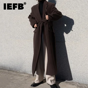 IEFB מעיל הצמר מגמה של גברים סגנון קוריאני אופנה סוודר רופף מעובה נאה ארוך מעיל הסתיו החדש חגורת מעיל 9C1272