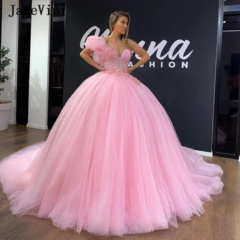 JaneVini אלגנטית ורוד כדור שמלה ארוכה הטקס שמלות 2020 מתוקה 3D פרחים פנינים טול נפוחה נסיכה לנשף שמלות המפלגה