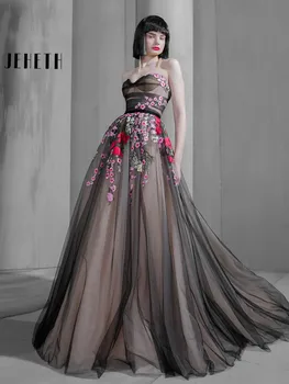 JEHETH מתוקה שמלת נשף שחורה שמלות ערב צבעוני פרחוני אפליקציה טול קו כלה לנשים אורך רצפת די
