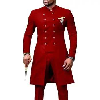 JELTONEWIN 2021 אדום ארוך כפול עם חזה גברים חליפה מנדרין דש החתן חליפות גברים שמלת החתונה רשמית בלייזר נשף ערב חליפות