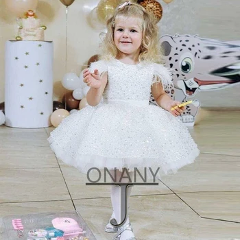 JONANY מנצנץ פרח ילדה שמלת פאייטים נוצה שחרור משלוח התינוק הטקס הראשון יופי שמלת מסיבת החלוק דה Demoiselle