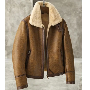 Mens עור כבש גז דש הז 'קט קצר בסגנון ג' קט עור משובח צבע חום B3 המחבל המעיל