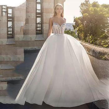 MoonlightShadow קו ספגטי רצועות חתונה שמלה קו מתוקה שמלת כלה מותאמת אישית באורך רצפת Vestido De Casamento