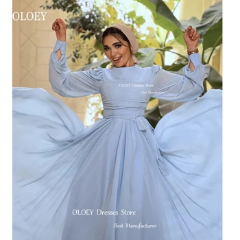 OLOEY 2023 אור כחול שיפון משי מוסלמית ערבית שמלות ערב שרוול ארוך O-צוואר צנוע PurpleProm שמלות פשוטות רשמית למסיבה