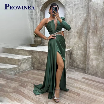 Prowinea בציר כתף אחת שמלות ערב עבור נשים סאטן שסע מלא שרוולים Rhinestones חריץ רכבת לטאטא התחרות בהתאמה אישית