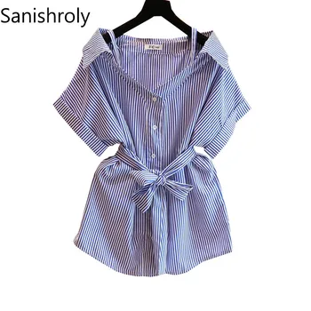 Sanishroly 2018 קיץ נשים חולצת פסים קו נטוי הצוואר חולצות בנות קשת שרוול קצר מידי זמן חולצות לכל היותר בתוספת גודל 3XL SE122