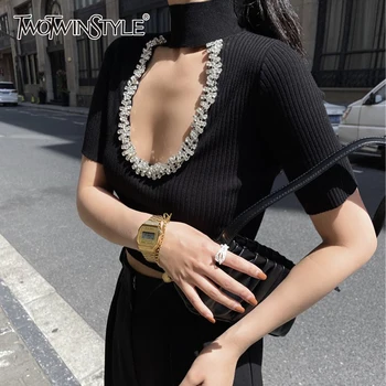 TWOTWINSTYLE שחור טלאים יהלום חולצה לנשים צווארון שרוול קצר מקרית Slim חולצות הנשי קוריאני אופנה הקיץ