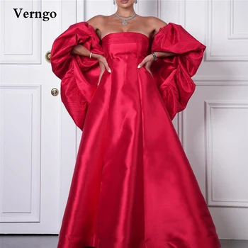 Verngo דובאי נשים ערביות רשמי שמלות ערב אדום פאף שרוולים ז ' קט סאטן הרשמית שמלות לנשף ארוכה של מפורסמים מסיבה תלבושת