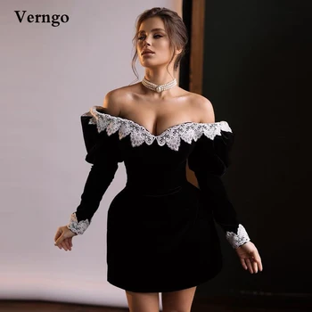 Verngo סקסית את הכתף שחור קטיפה, מסיבת קוקטייל שמלות פאף שרוולים ארוכים שמלות לנשף תחרה קצר לבוש רשמי נשים