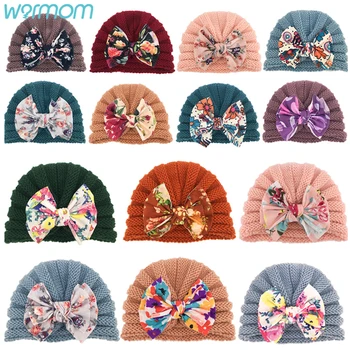 Warmom מודפס Bowknot כובע צמר לתינוק חם צמר סרוג כובע מצחייה היילוד כותנה רך בצבע אחיד התינוק ילדים הכובעים