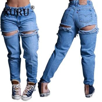 XURU-סקסי חופשי גבוה מותן רחבה הרגל קרע ג ' ינס האביב החדש של נשים כחול מזדמנים מכנסיים 57A5528
