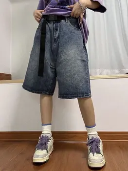 Y2K קיץ נשים וינטאג 'אופנת רחוב קוריאני מכנסי ג' ינס קצרים גבוה מותן באורך הברך רחב הרגל באגי מטען מכנסיים קצרים Harajuku בגדים