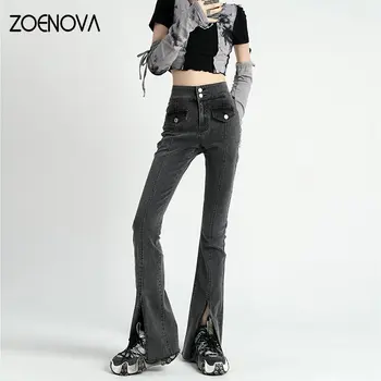 ZOENOVA ליידי אופנה 2023 אביב גבוה Waisted ג ' ינס של נשים ישר באורך מלא קוריאנית מיקרו תאורה רחב הרגל המכנסיים שחור כחול