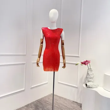 אדום מוצק יהלומים נדן מסיבה סקסית סגנון שרוולים Mini שמלה 2023 הקיץ חדש באיכות גבוהה ליידי בגדים
