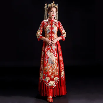 אדום שמפניה הכלה במסיבת תחפושות כמה הסינית המודרנית שמלת כלה ארוכה בגדים מסורתיים סין צ ' יפאו китайская одежда