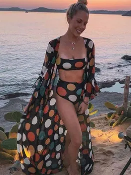 אופנה שלושה חלקים ביקיני סט עם חוף לכסות עליות פיצול-ג ' וינט סקסית גבוהה המותניים בגדי ים קיץ חוף ללבוש נשים, בגדי ים.