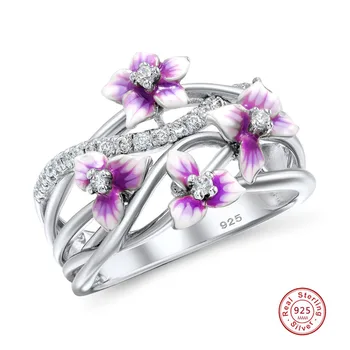 אותנטי 925 כסף סטרלינג Stackable ויולט טיפה דבק הטבעת חרציות פרח זירקון טבעת אצבע לנשים תכשיטים מתנה Faux