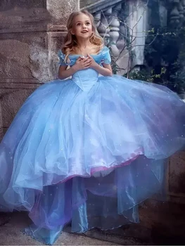 אלגנטי כחול את הכתף פרח ילדה שמלות נסיכה, שמלת נשף הטקס הראשון הנשף אופנה 2023
