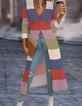 אלגנטי מעילי נשים 2023 סתיו אופנה חדשה מקרית אחת עם חזה מפוספס Colorblock פתח חזית Longline מצולעים המעיל