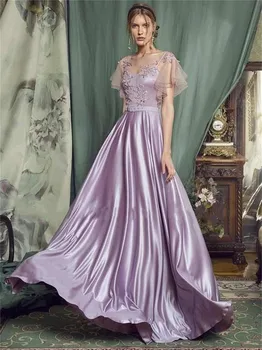 אלגנטי סגול שמלות לנשף שרוול קצר ללא משענת ספגטי רצועת קו קומת אורך סאטן שמלת ערב 2023 חדש