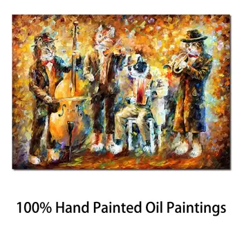 אמנות מודרנית ציורים למכירה מוסיקלי חתולים סכין ציור שמן חיה Porait תמונה נהדרת עבור הסלון צבוע ביד
