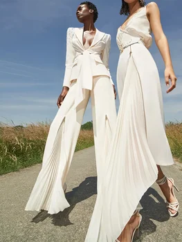 באיכות גבוהה האופנה החדש 2023 מעצב נשים לשרוך החגורה בלייזר קפלים Zip חליפת מכנסיים 2pcs סט