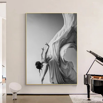 בלט מודרני ילדה רוקד בד ציור הפוסטר ולהדפיס להבין את אמנות קיר שחור אן לבן תמונות עבור הסלון חדר השינה מעבר