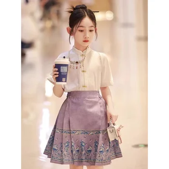 בסגנון סיני לעמוד צווארון מתכת לחצן שרוול קצר חולצה סגולה טווס מודפס פני סוס חצאית הבנות מודרניות של ילדים Hanfu