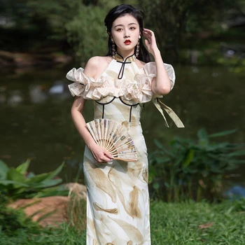 בסגנון סיני קלאסי נשים סלים Cheongsam סקסי Hlater הקיץ Desigual נשי צ ' יפאו בציר סין ציור שמן פיצול שמלות ליידי