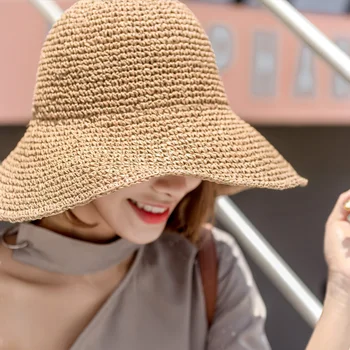 בקיץ כובעים לנשים רטרו שטוח צניחת כובע גדול ברים בעבודת יד, כובע קש בנות חיצונית הגנה מפני השמש חוף כובע קש