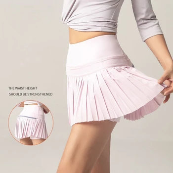 גודל פלוס, אופנה מצופה טניס נשים חצאית גבוהה המותניים מוצק צבע יוגה כושר חצאית יבש מהירה לנשימה טניס חצאית מכנסיים