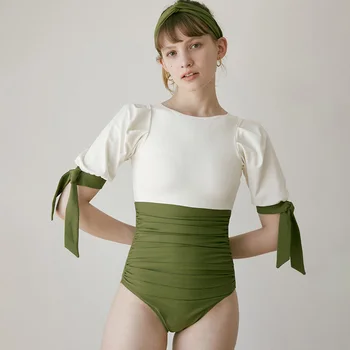 גרין אופנה לוח חתיכה אחת בגד ים גבוה המותניים רזה רצועת ביקיני בציר צוואר צוות אלגנטי הקשר ללא משענת בגדי ים 2022